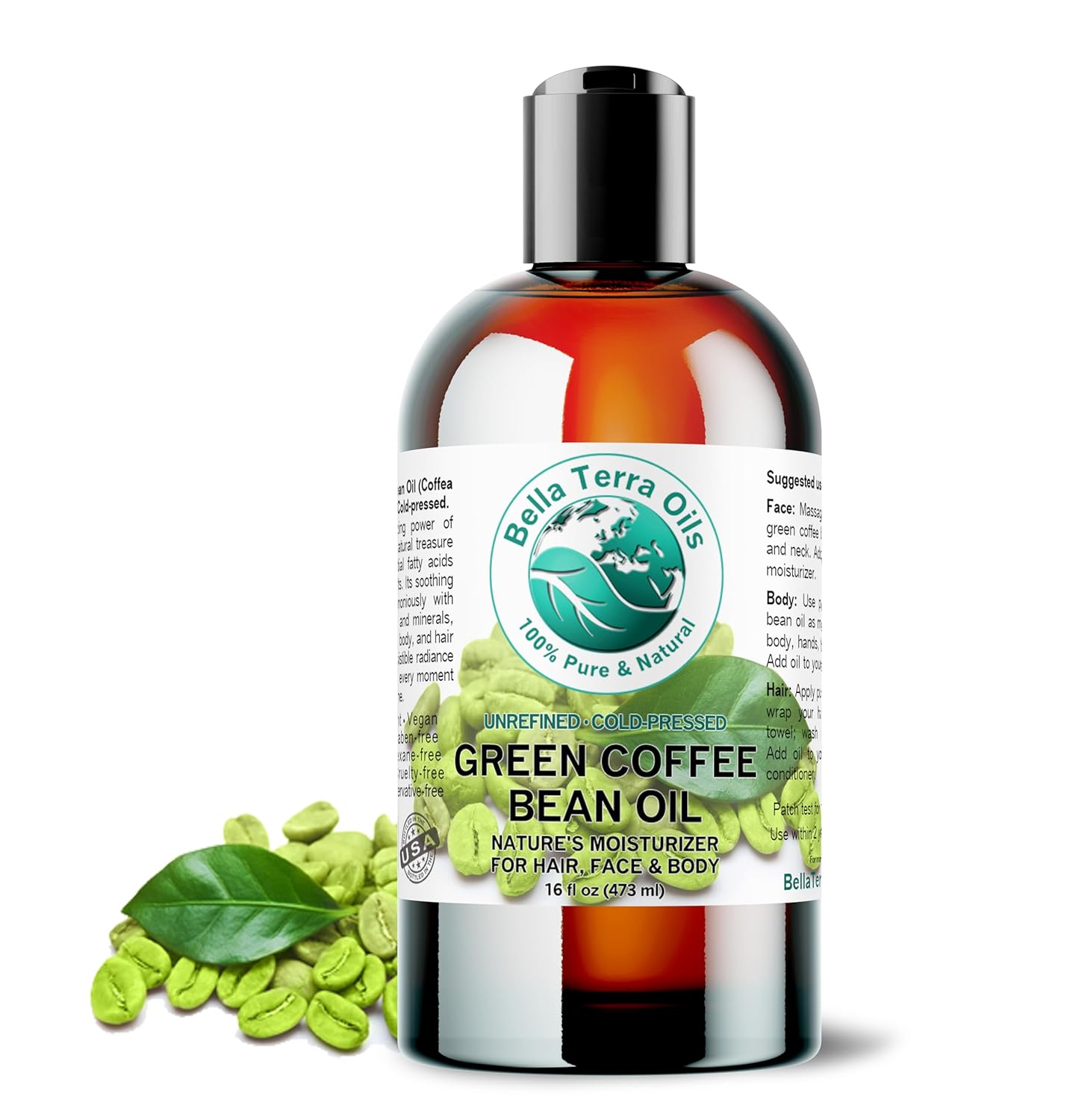 Bella Terra Oils - Green Coffee Bean Oil 16 oz - Dive into the World of Green Bean Coffee Extract, Boosted with Antioxidants, Supreme Skin Care Elixir