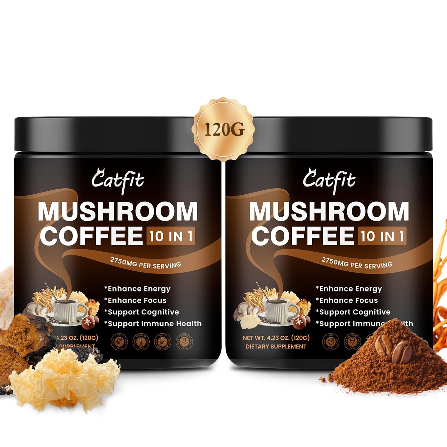 (2 Pack) Mushroom Coffee Powder, 10 Mushroom Blend- Lion's Mane, Chaga, Brain Supplements with Arabica Coffee, Ashwagandha, L-Theanine for Energy, Focus, Memory and Immunity, 120G
