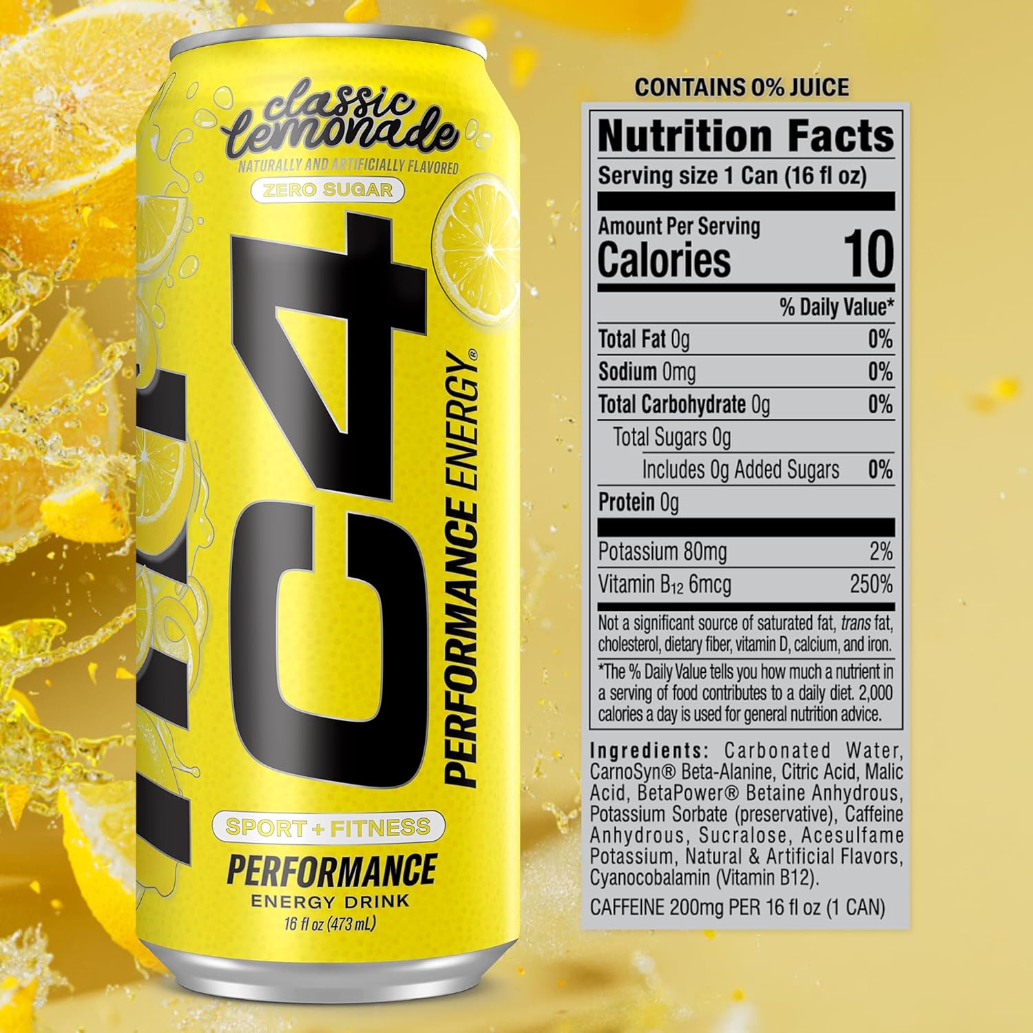 Cellucor C4 Energy Drink, Lemonade Limited Edition Carbonated, Sugar Free Pre Workout Performance Drink with no Artificial Colors or Dyes, 16oz Pack of 12