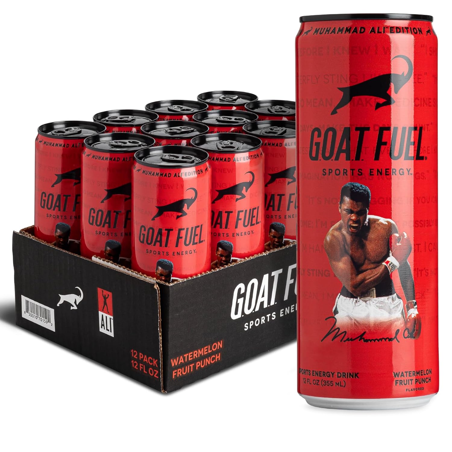 G.O.A.T. Fuel Energy Drink, Co-Founded by Jerry Rice, Natural Caffeine, Electrolytes, BCAAs, Cordyceps & Antioxidants, Light Carbonation Pre Workout, 12 Pack, 12 FL Oz, Watermelon Fruit Punch