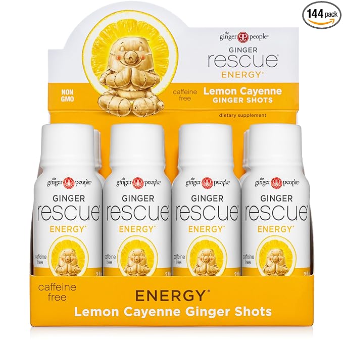 Ginger Rescue Shots by The Ginger People – Energy Boosting, Caffeine Free Energy, Digestive Heath, Lemon Cayenne Flavor, 2 Fl Oz (Pack of 144)