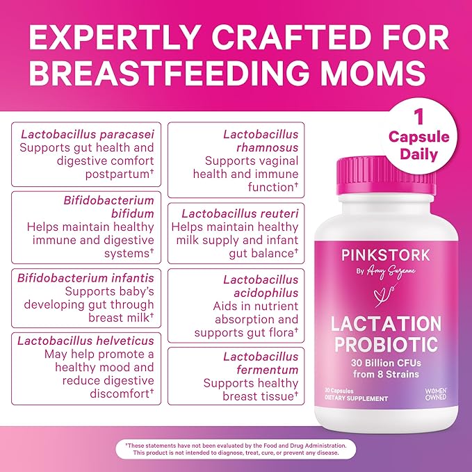 Pink Stork Lactation Probiotic - 30 Billion CFUs Multi Strain Postnatal Probiotics for Breastfeeding Women - Support Breast Milk & Gut Health, Postpartum Essentials, 60 Capsules